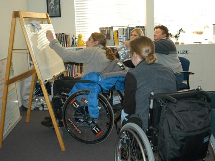 Students in wheelchairs in classroom