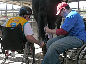 student and volunteer in wheelchairs grooming a horse